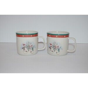 2 Royal Seasons Stoneware Snowmen Coffee Mug Cup Yellow Dot Retired Winter Theme